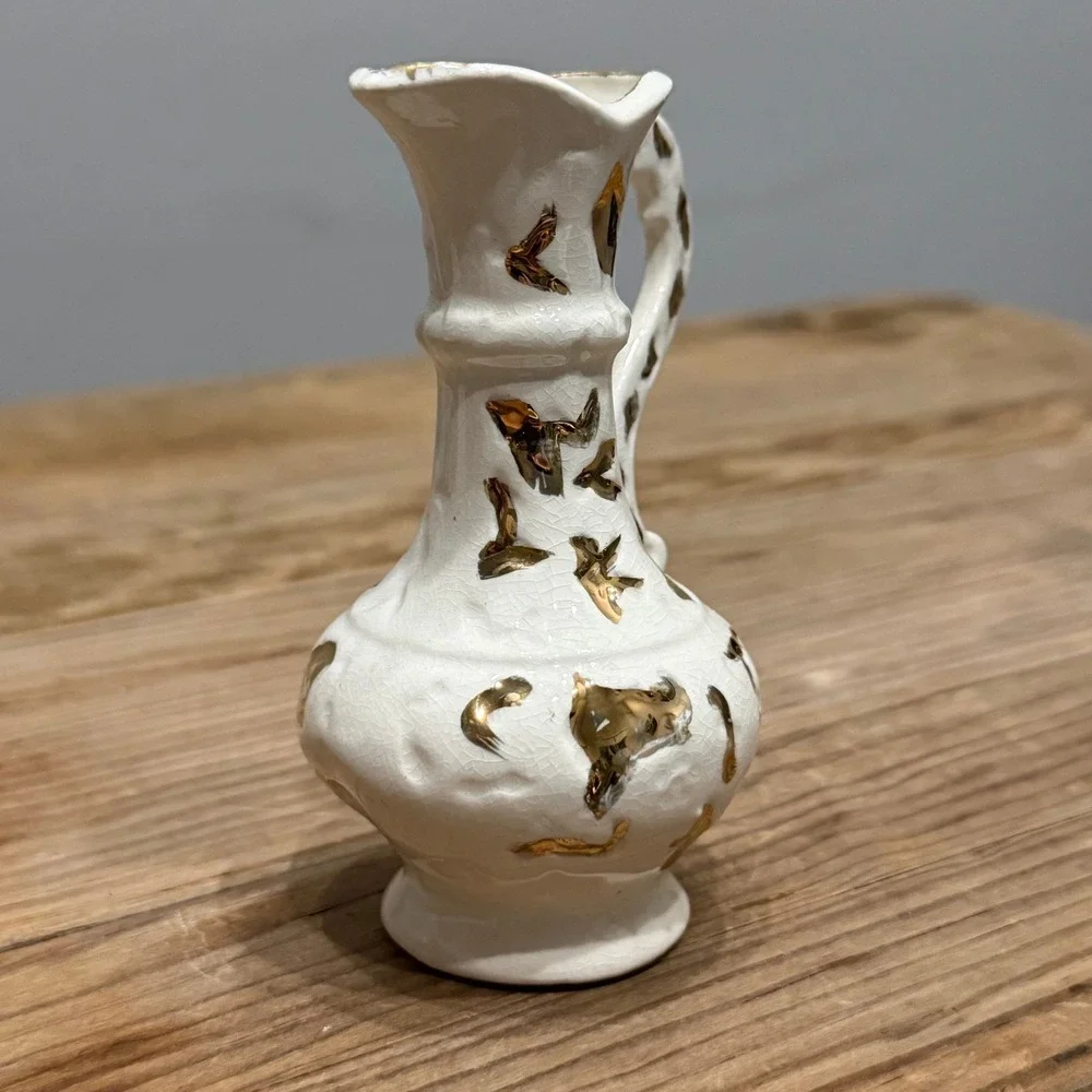 Vintage Antique Miniature White Crackle Glaze Ceramic Pitcher Gold Leaf Accents